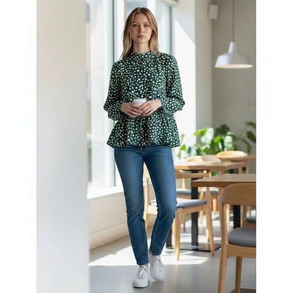 Solution Tops - Peplum Solution Blouse Womens Small Green Polka Dot Ruffle Mock Neck S24302 Top